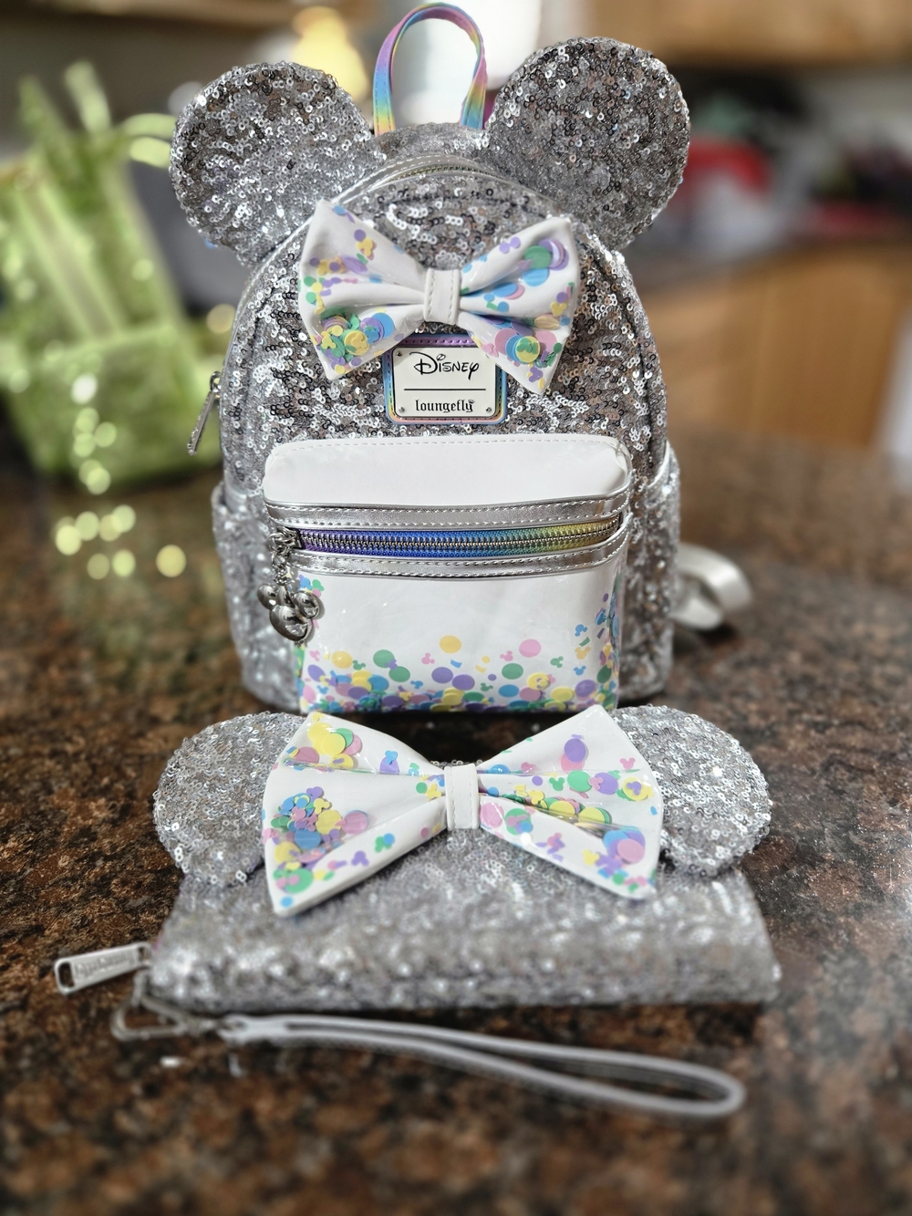 Disney Loungefly Silver Sequin Mini Backpack with Matching Wallet